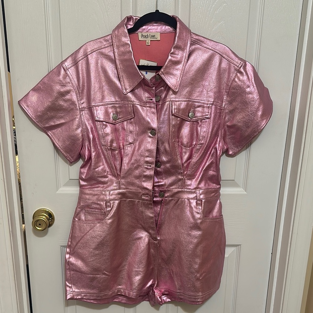 Pink Metallic Short Sleeve Romper